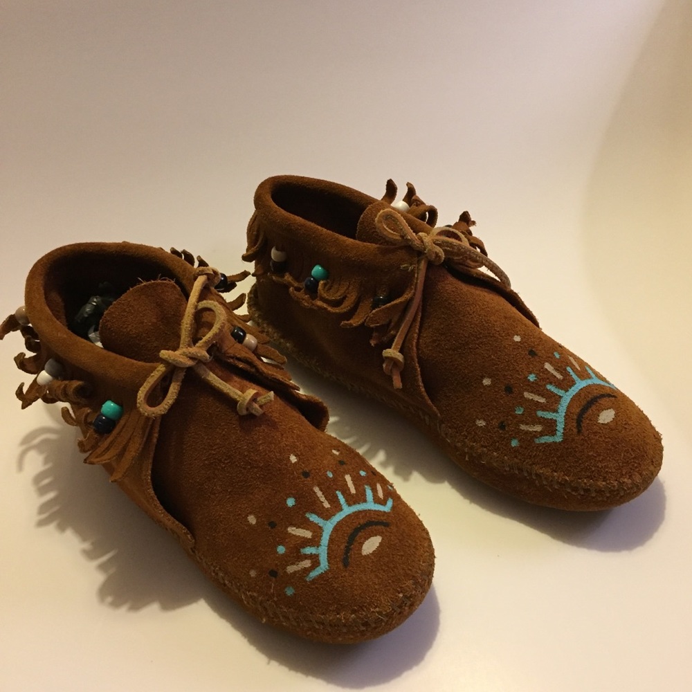 Minnetonka Brown Moccasins with Blue Accents